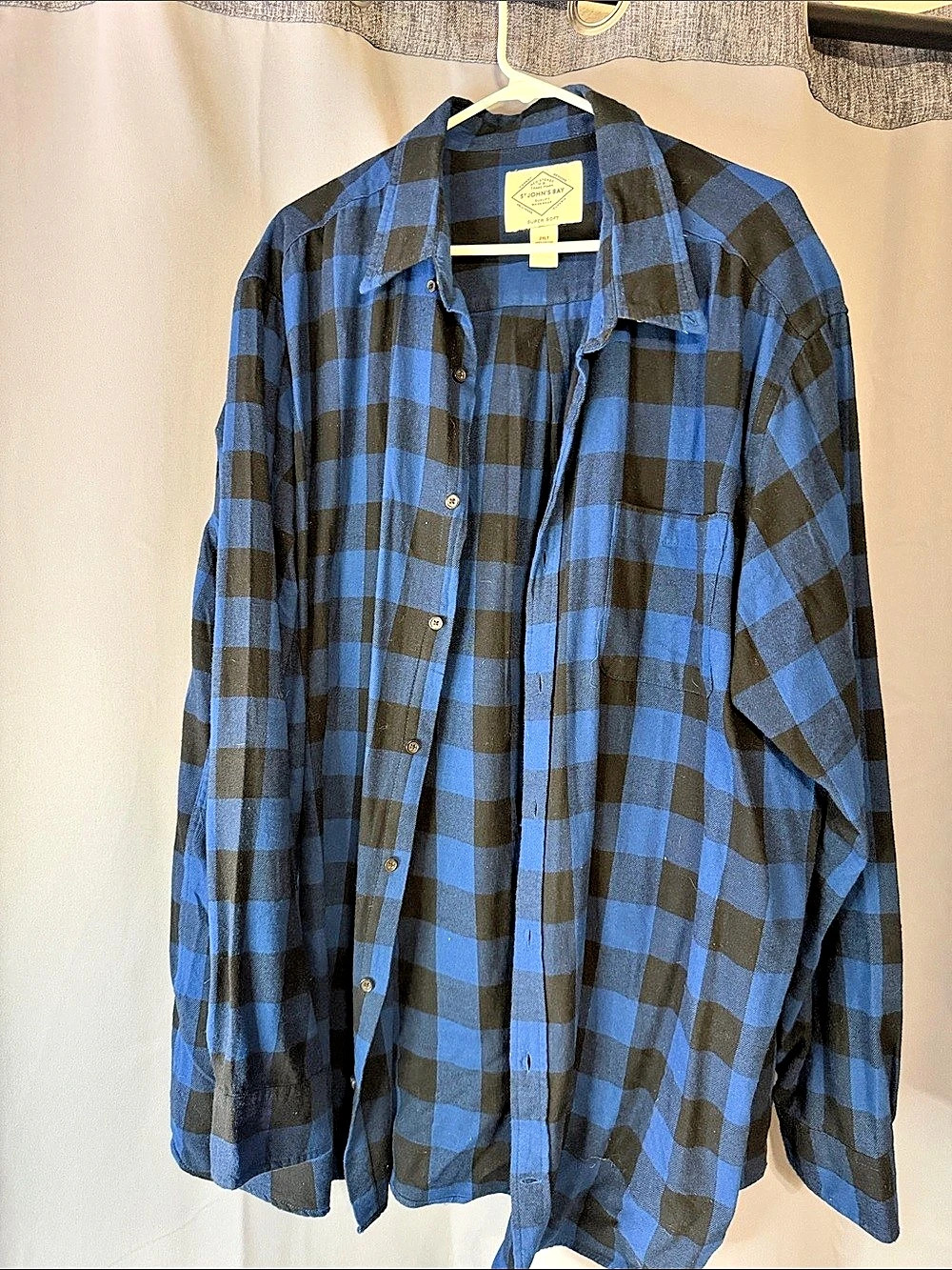 St. John's Bay Plaid Cotton Shirt in Blue & Black Size 2XL Like New